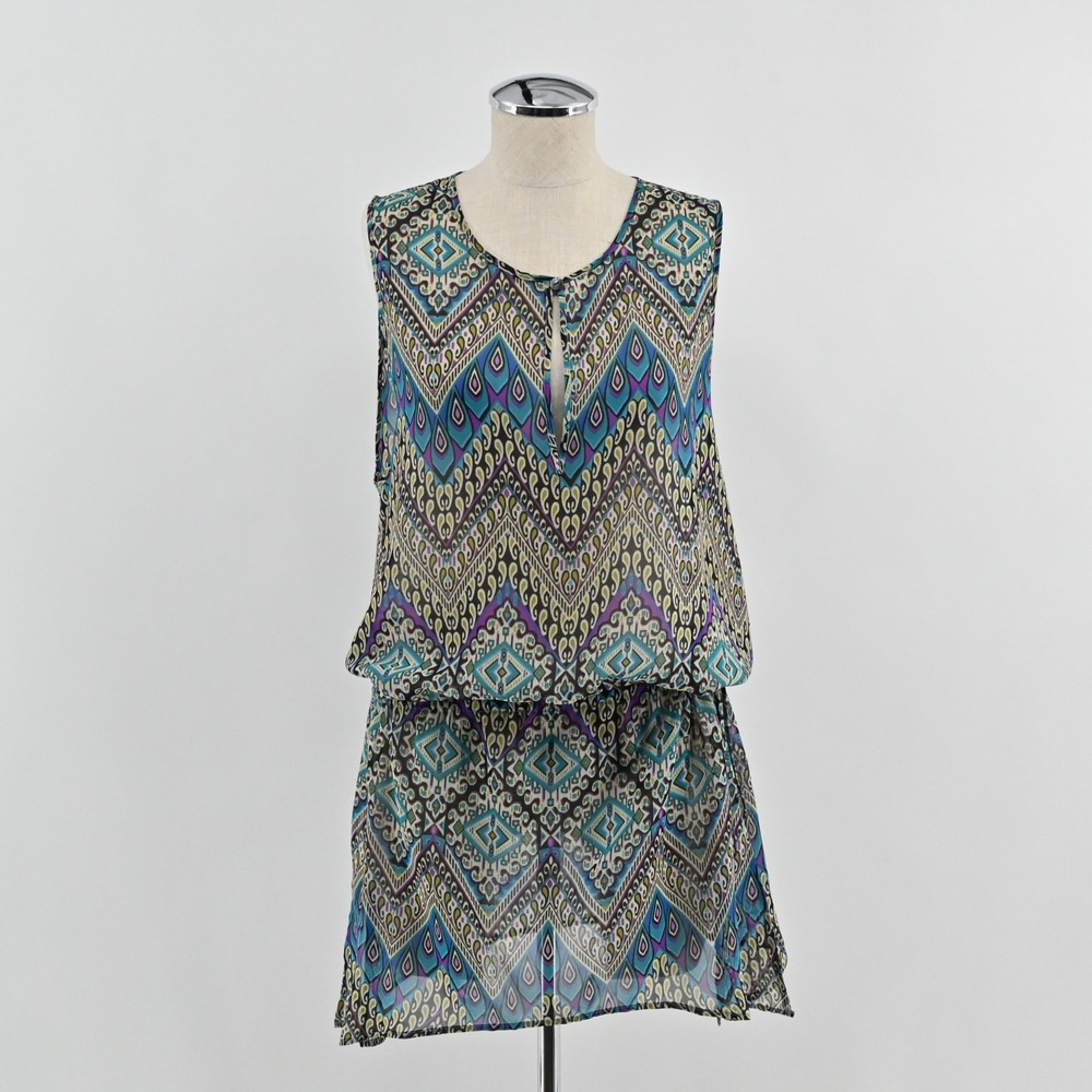 Ramy Brook Geometric Tribal Sheer Mini Dress Womens Size OS Blue Boho Chiffon